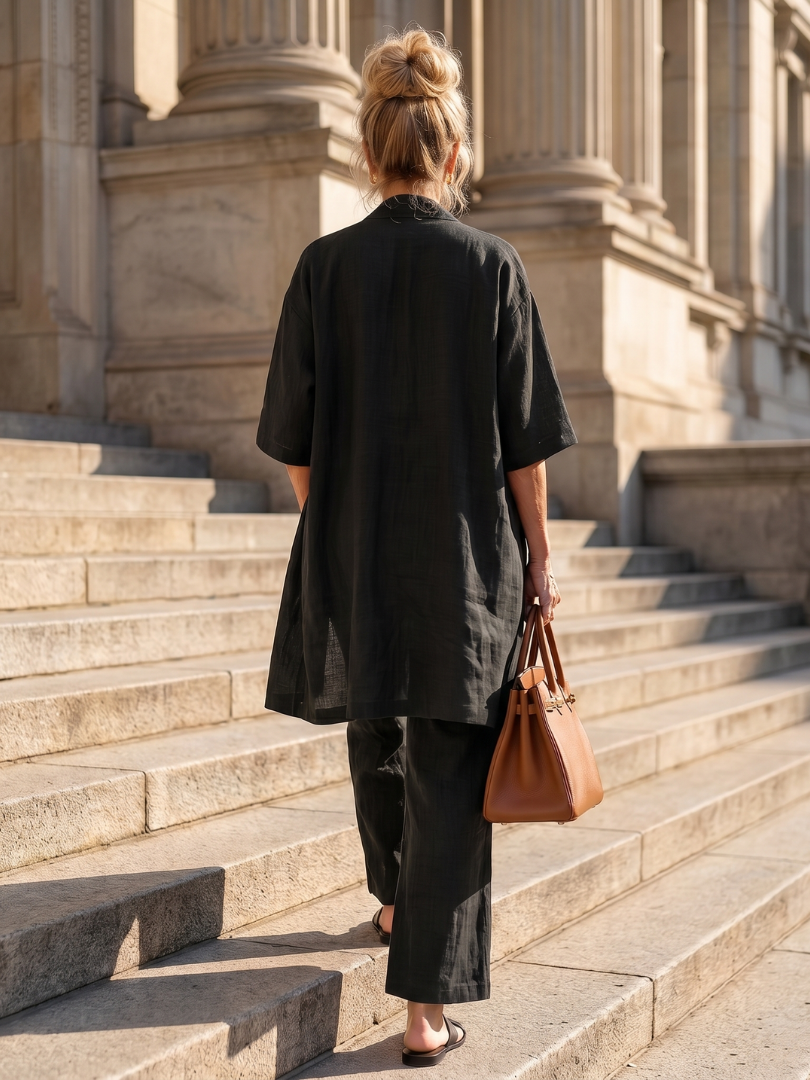 Women's loungewear three-piece set, offering ultimate comfort with a relaxed top & wide leg pants.