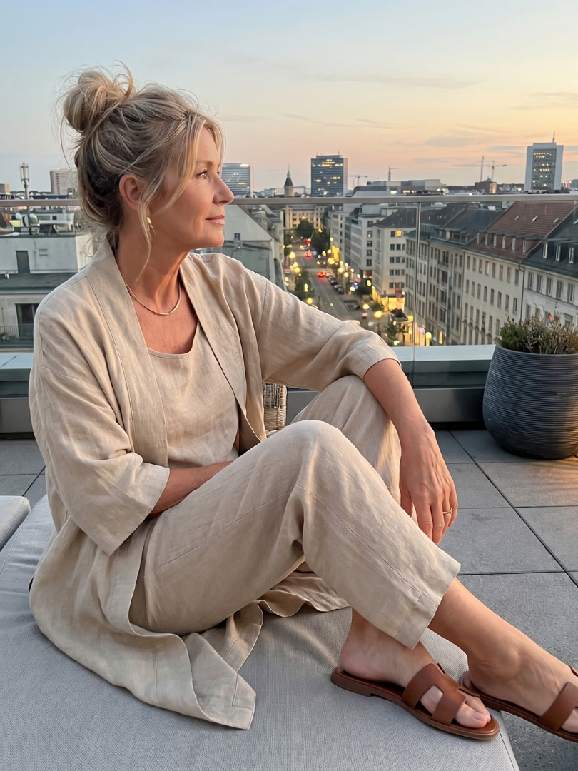 Loungewear women's three-piece set: relaxed top, wide leg pants, and an open front layer.