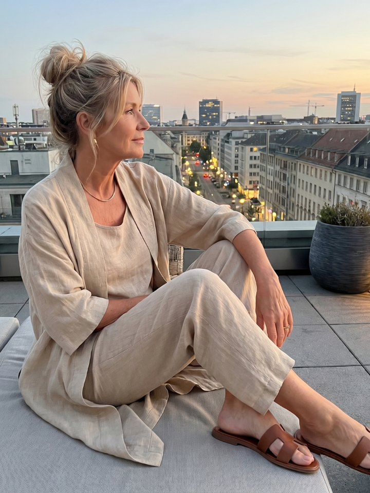 Loungewear women's three-piece set: relaxed top, wide leg pants, and an open front layer.