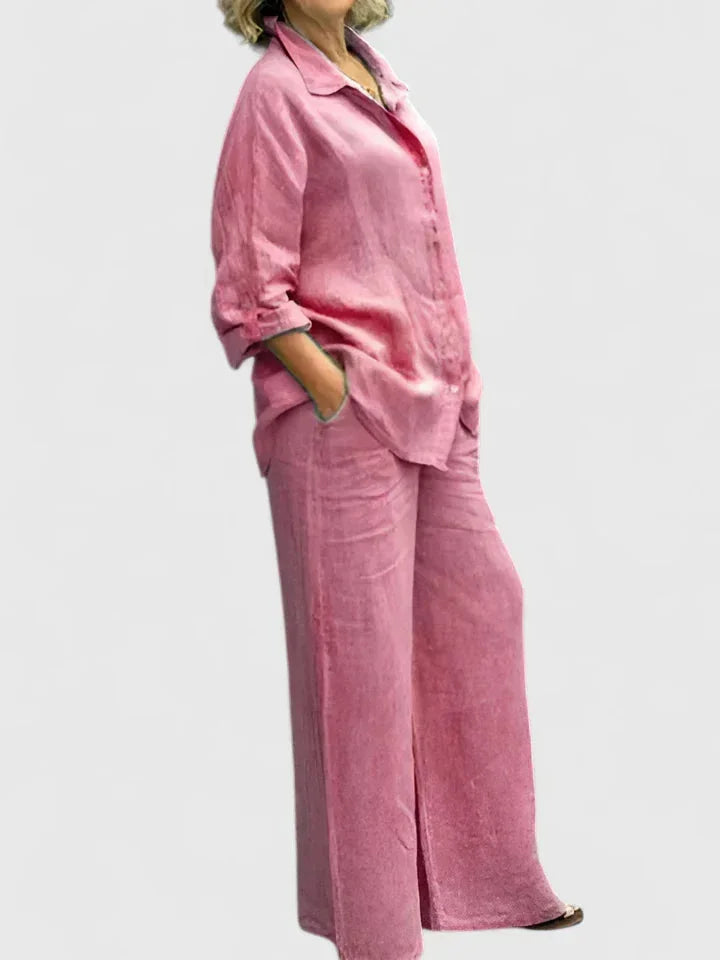 Women's relaxed two-piece set: button-down shirt & wide leg pants. Comfortable spring/summer casual outfit.