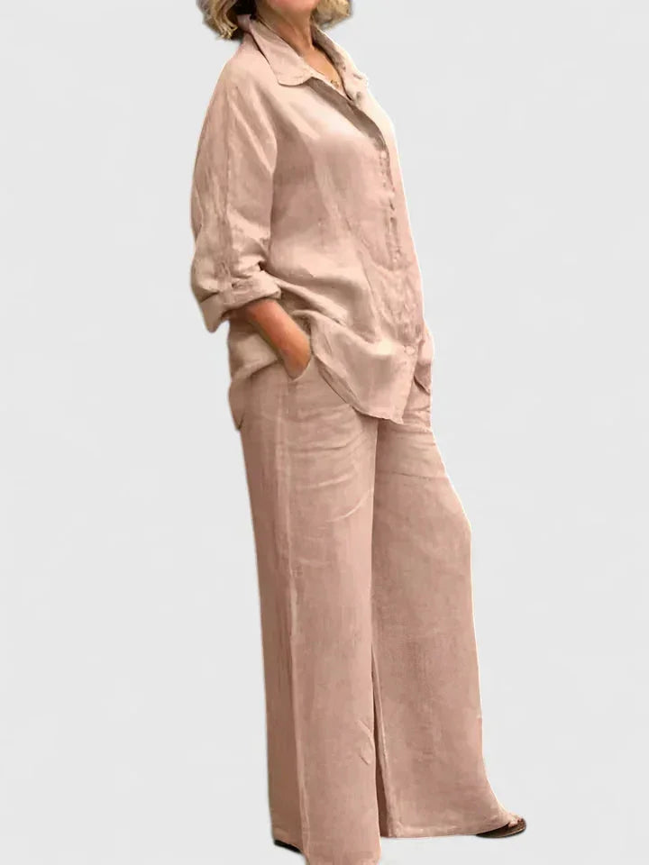 Women's relaxed fit button-down shirt and wide leg pants. A comfortable & chic coordinated set for women.
