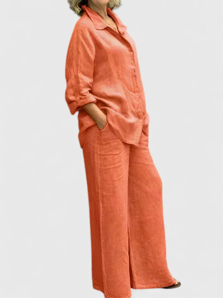 Chic women's coordinated relaxed fit button-down shirt and flowy wide leg pants for versatile wear.