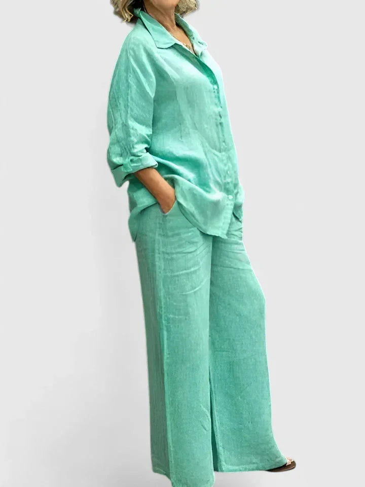 Stylish women's two-piece set featuring a relaxed button-down shirt & comfortable wide leg pants.