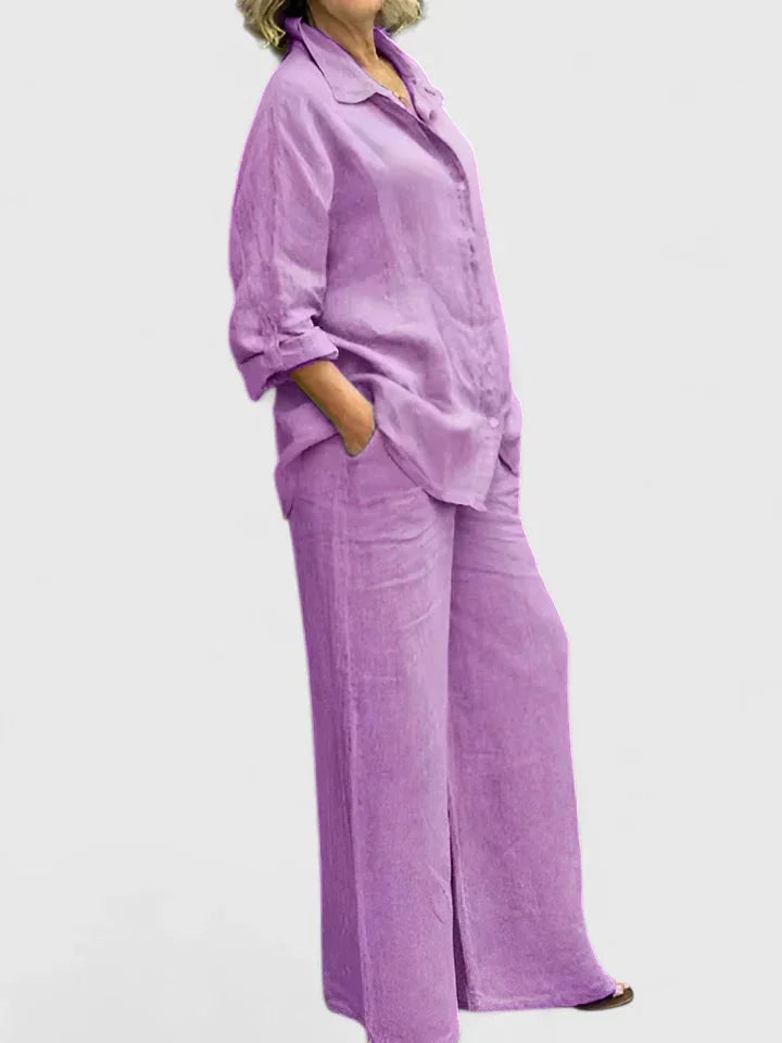 Relaxed women's spring/summer outfit: a versatile button-down shirt and trendy wide leg pants set.