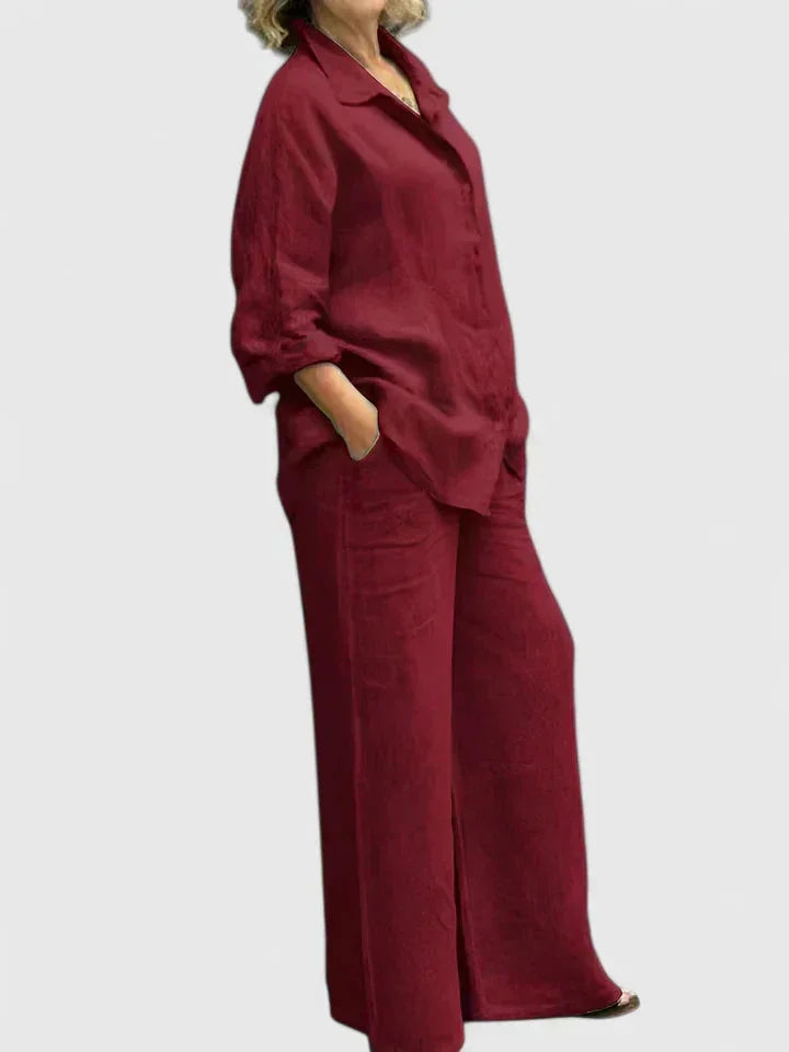 Elegant women's two-piece set. Relaxed button-down shirt paired with chic wide leg pants. Casual fashion.