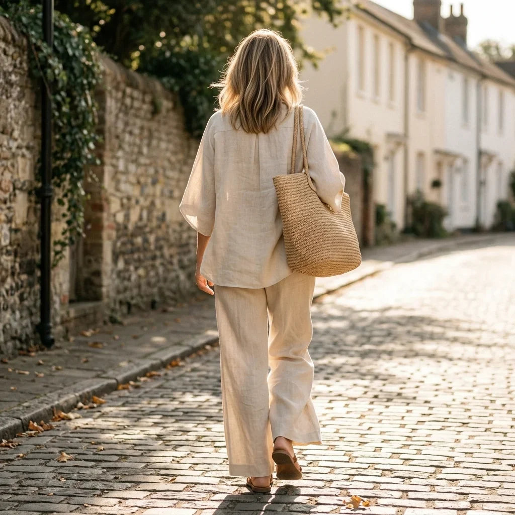 Focus on the soft fabric texture of the women's relaxed Henley top & wide-leg trousers set.