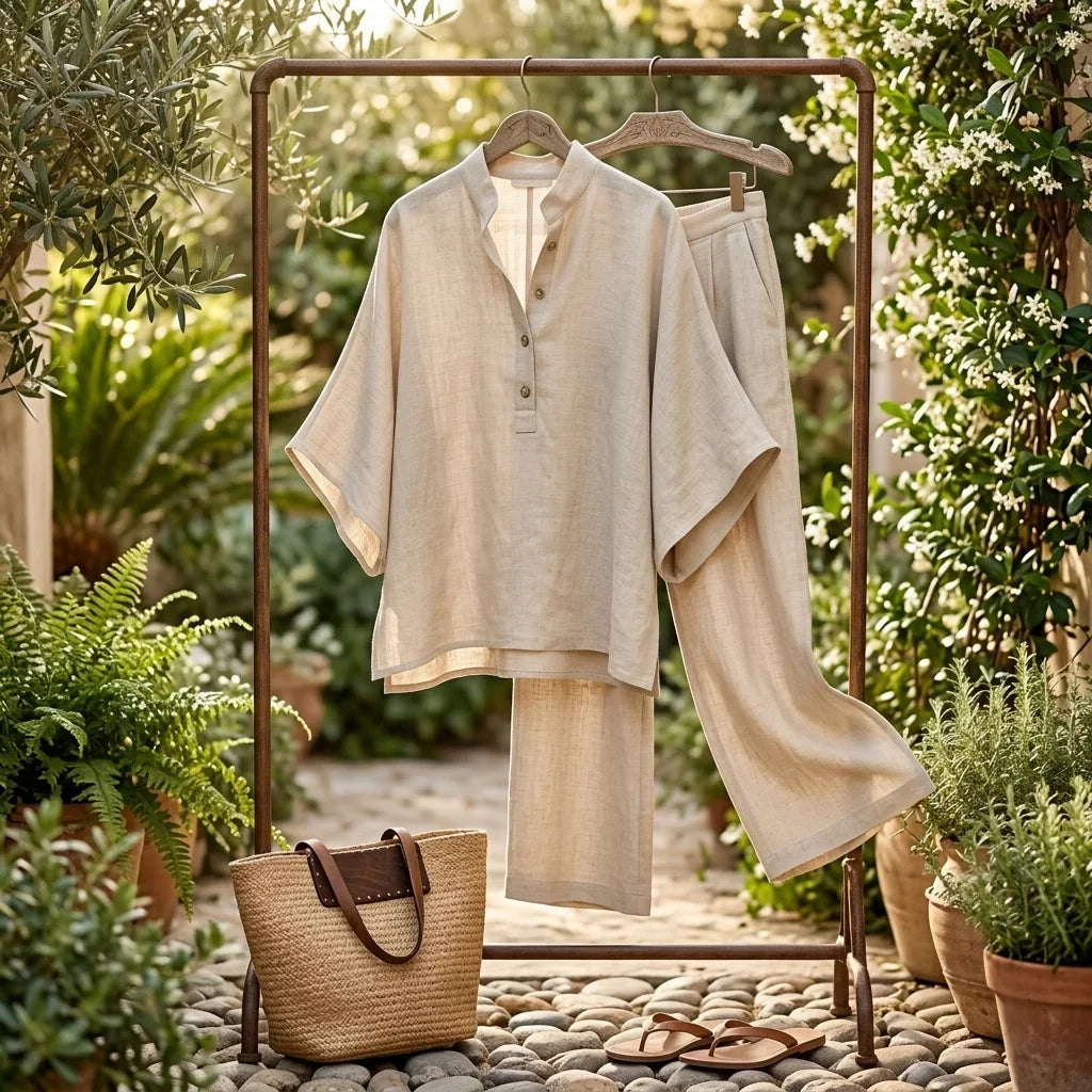 Versatile women's two-piece set: Henley top & wide-leg trousers, styled for effortless summer fashion.