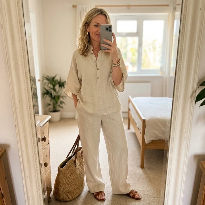 Women's relaxed summer fashion set, including a casual Henley top and flowing wide-leg trousers.