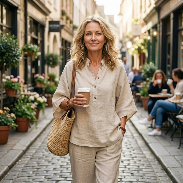 Everyday elegance: women's two-piece set with a relaxed Henley top & wide-leg trousers for comfort.