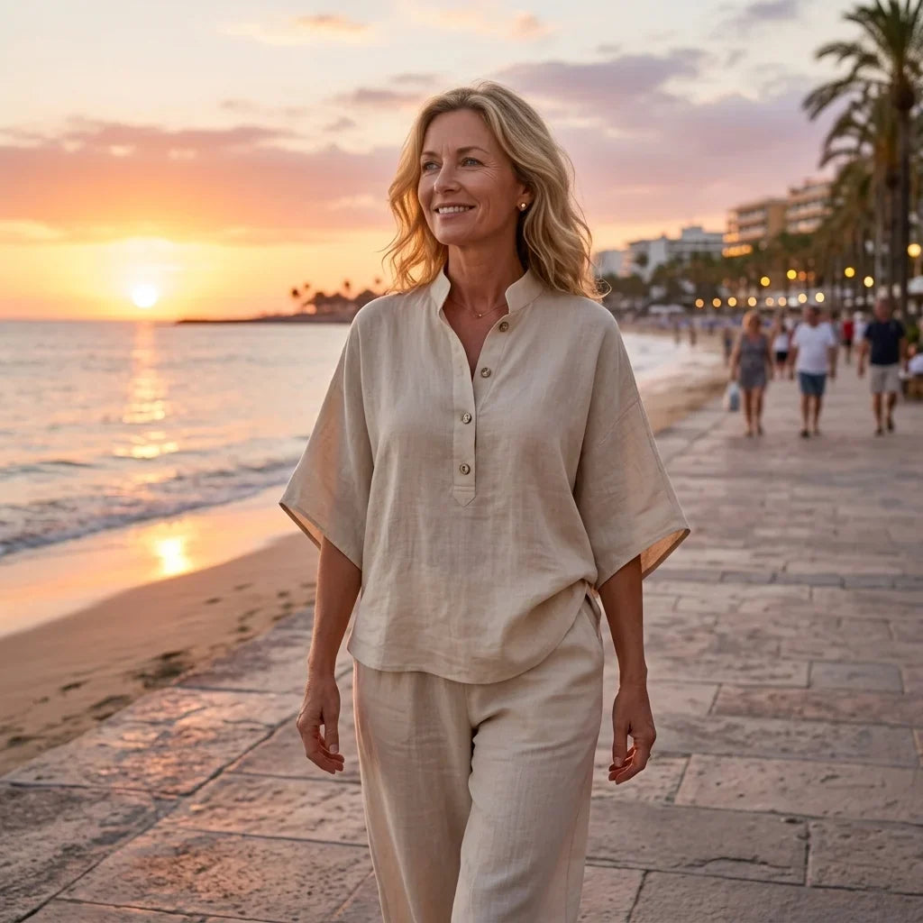 Trendy women's two-piece set for resort or casual wear, a comfy Henley top & wide-leg trousers.