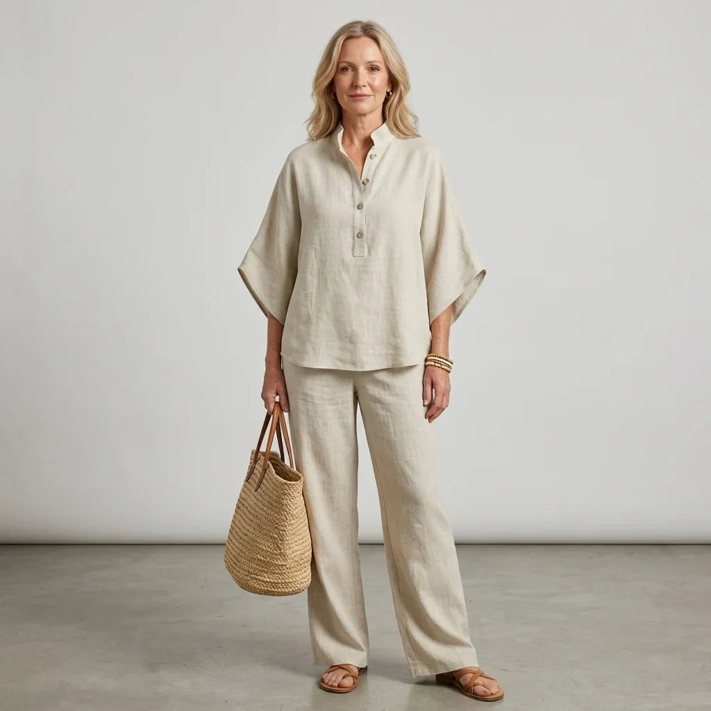 Full length view of the women's relaxed two-piece outfit: Henley top and wide-leg trousers.