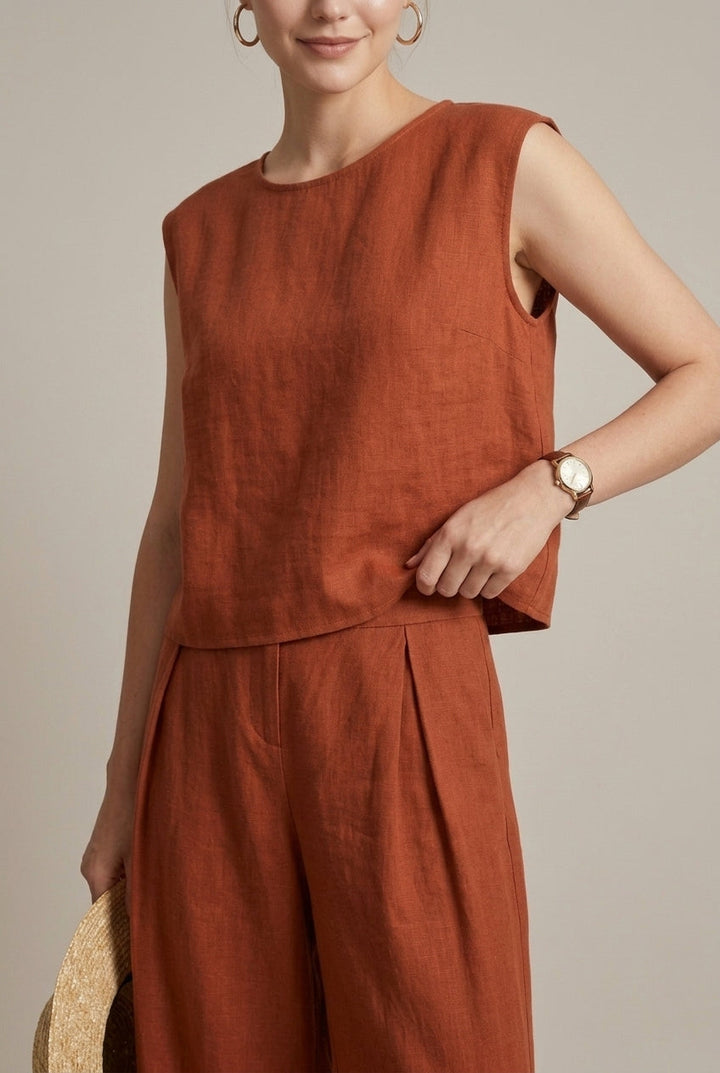 Elegant women's co-ord set: comfortable sleeveless top & flowy wide-leg pants. Versatile for smart casual.