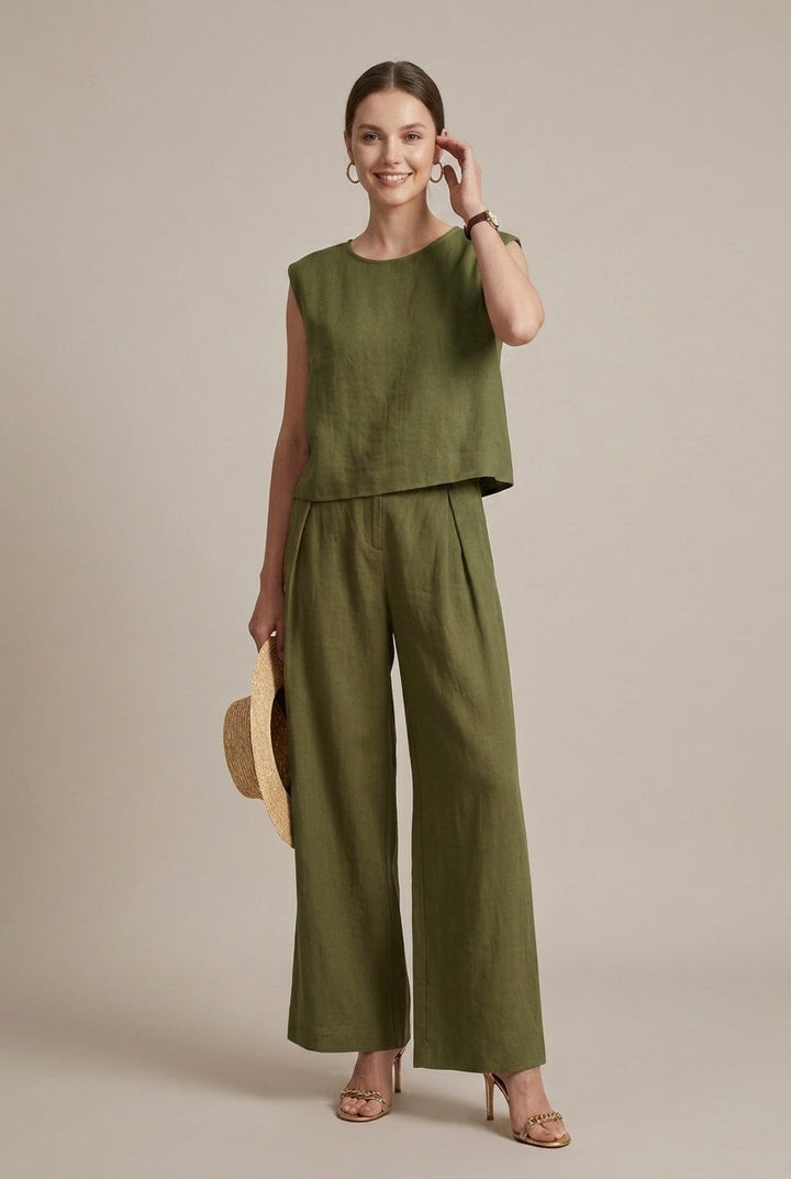 Casual women's two-piece outfit with a breezy sleeveless top & chic wide-leg trousers for ultimate comfort.