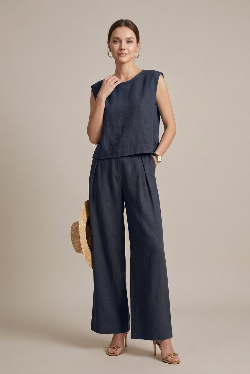 Summer-ready women's relaxed fit co-ord set including a sleeveless blouse & comfortable wide-leg bottoms.