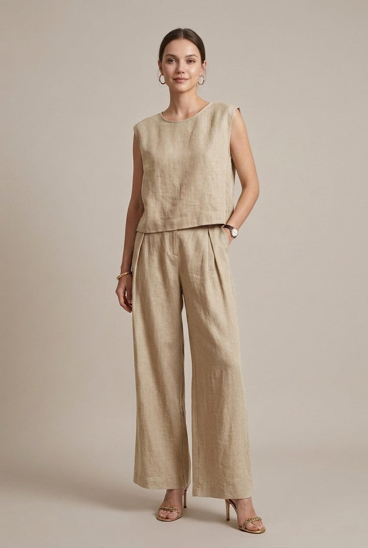 Versatile women's two-piece outfit: elegant sleeveless top & fashionable wide-leg pants for all occasions.