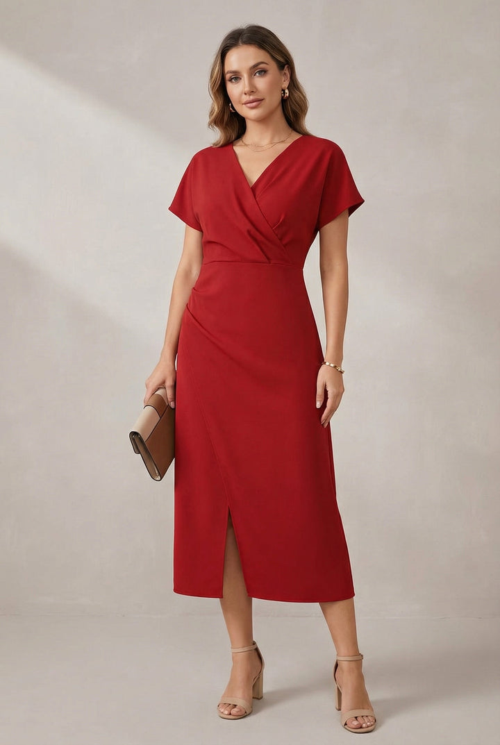 Women's relaxed V-neck midi dress in a comfortable, flowy fit, perfect for versatile everyday wear.