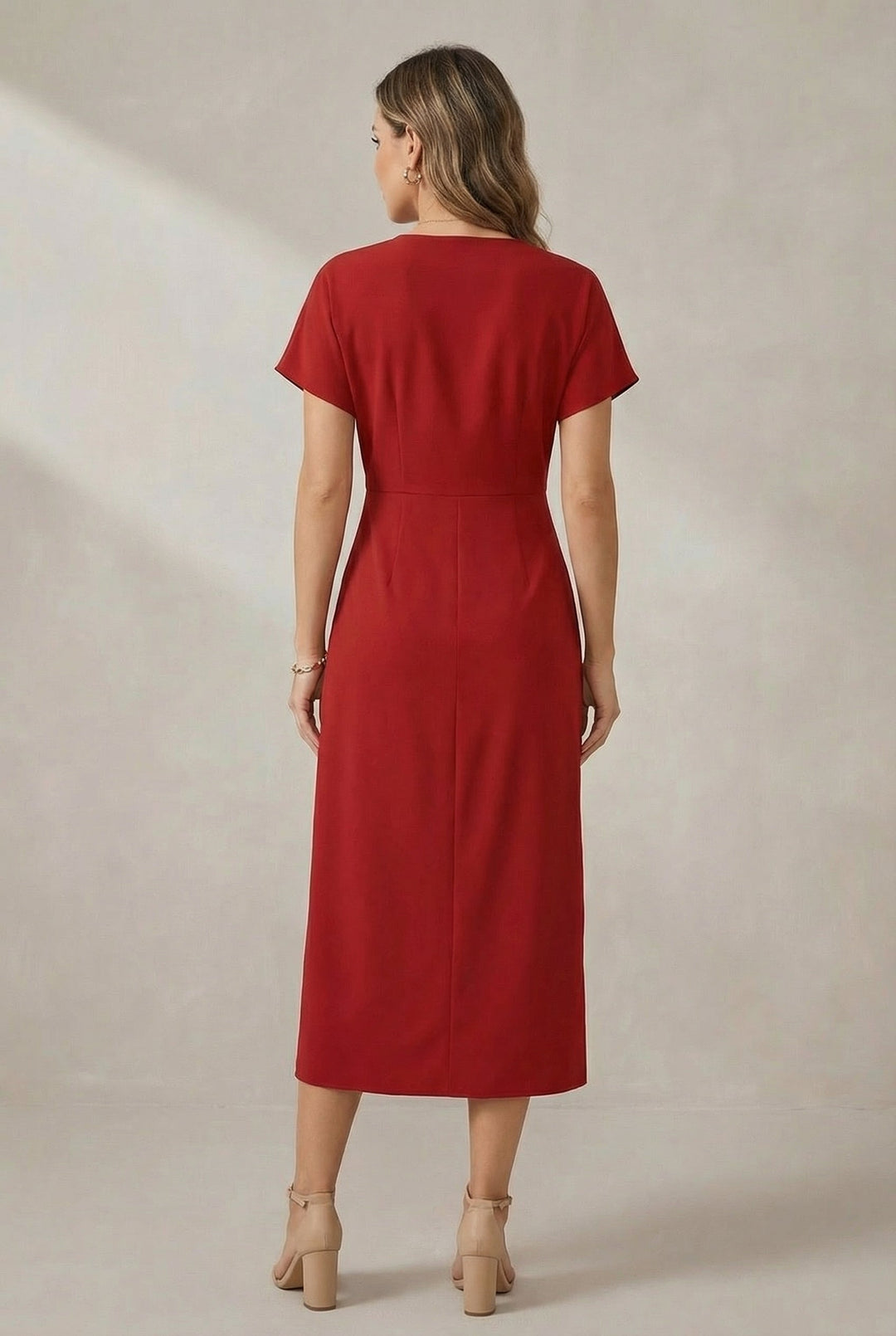 Elegant V-neck midi dress for women, offering a relaxed fit and effortless style for spring & summer.