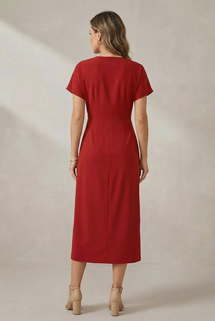 Elegant V-neck midi dress for women, offering a relaxed fit and effortless style for spring & summer.