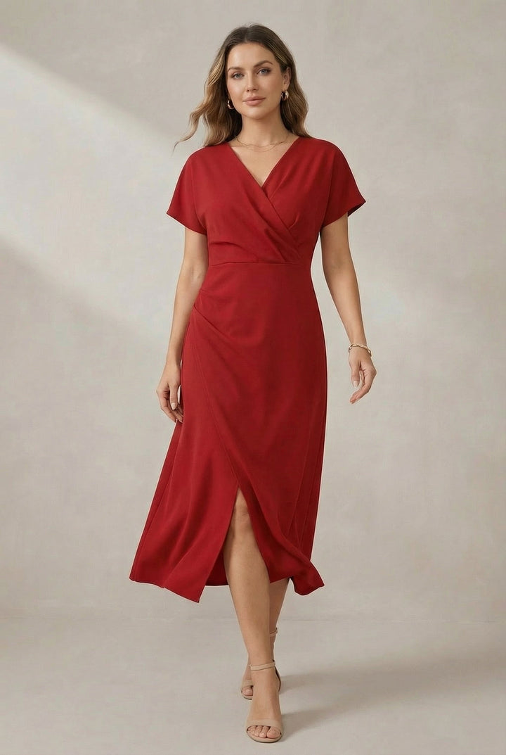 Effortless women's relaxed fit V-neck midi dress, perfect for versatile spring, summer, or autumn style.