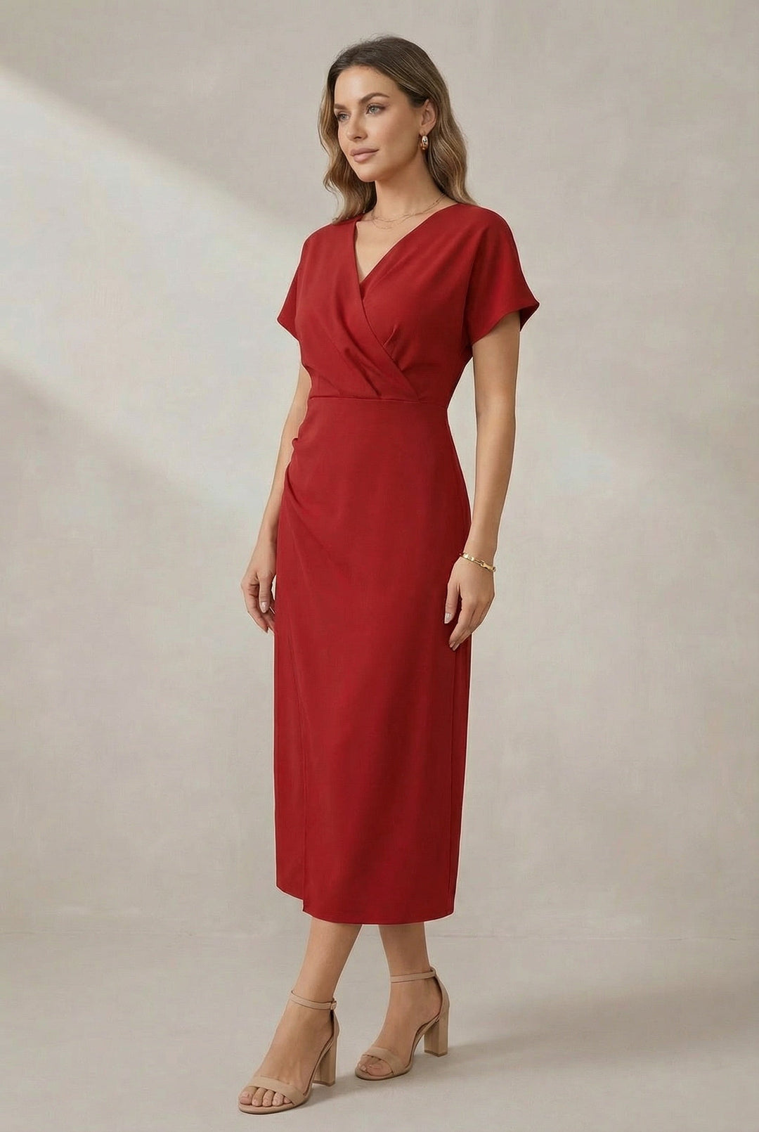 Flowy V-neck midi dress for women, a relaxed fit design for ultimate comfort and casual elegance.