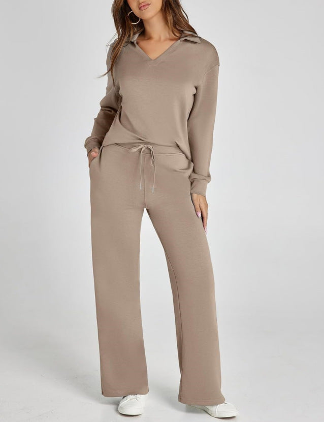 Soft knit women's relaxed comfort lounge set featuring a V-neck top and wide leg pants. Cozy two-piece loungewear.