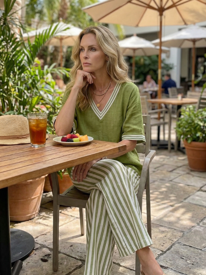 Chic women's two-piece set: contrast V-neck tunic & striped wide-leg trousers outfit.