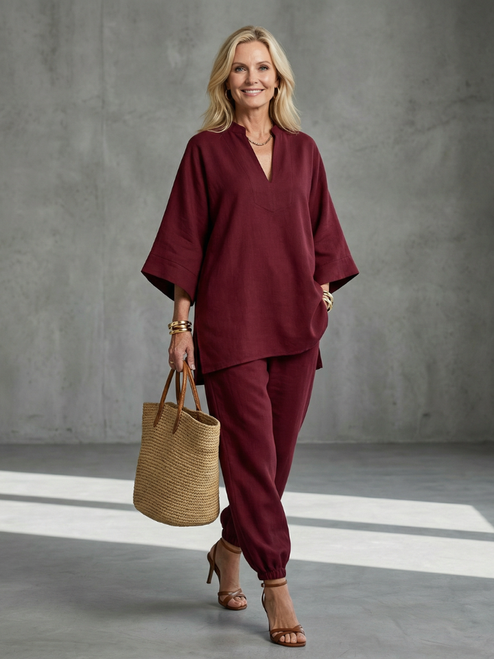 Women's relaxed V-neck tunic & gathered trouser set. Comfy two-piece loungewear for everyday style.