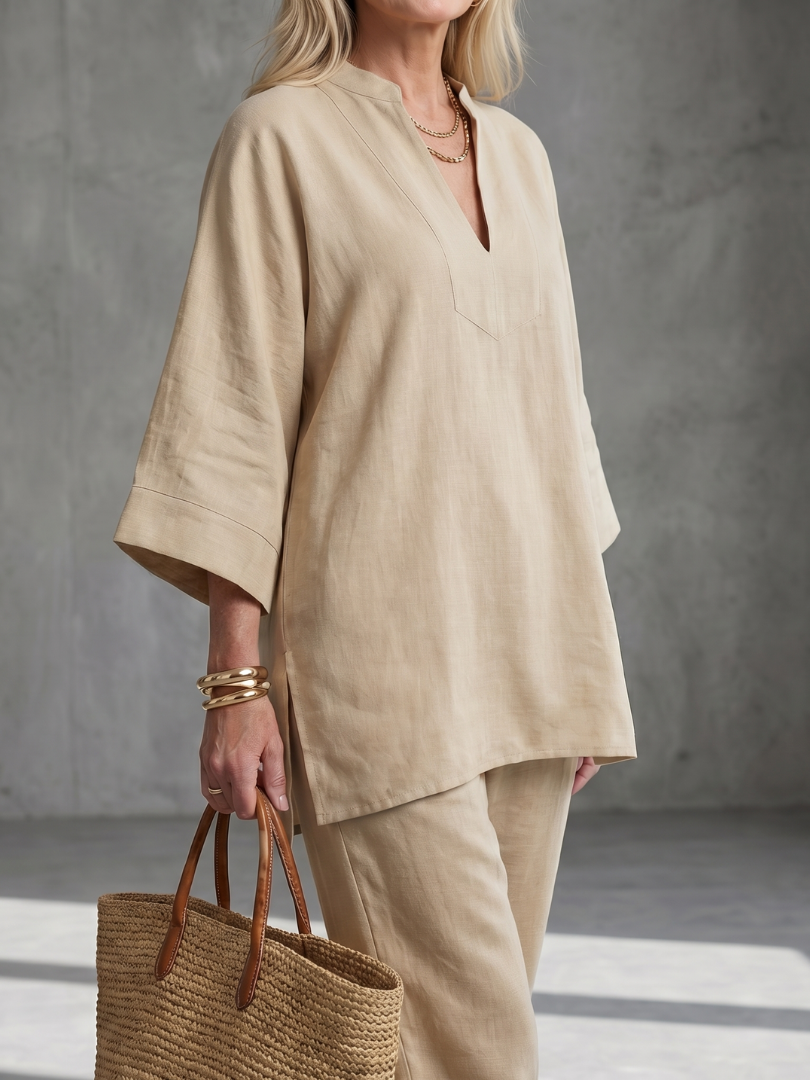 Casual chic women's V-neck tunic and gathered trouser set. Relaxed fit everyday fashion.