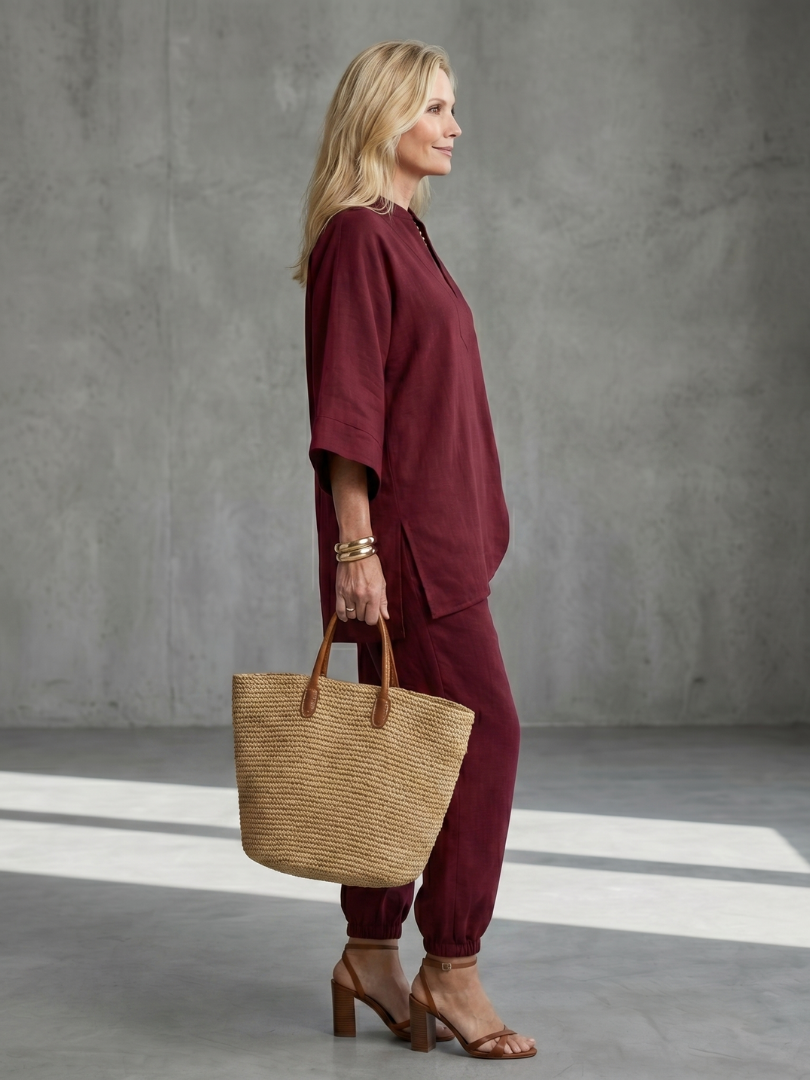 Chic women's V-neck tunic & trousers set. Perfect casual summer outfit or resort wear.