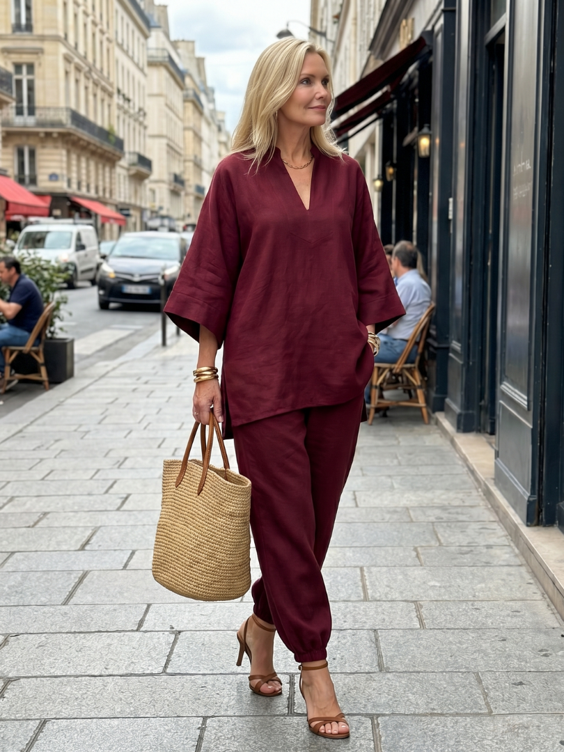 Stylish women's summer outfit. Relaxed V-neck tunic and gathered trousers, great for resort wear.