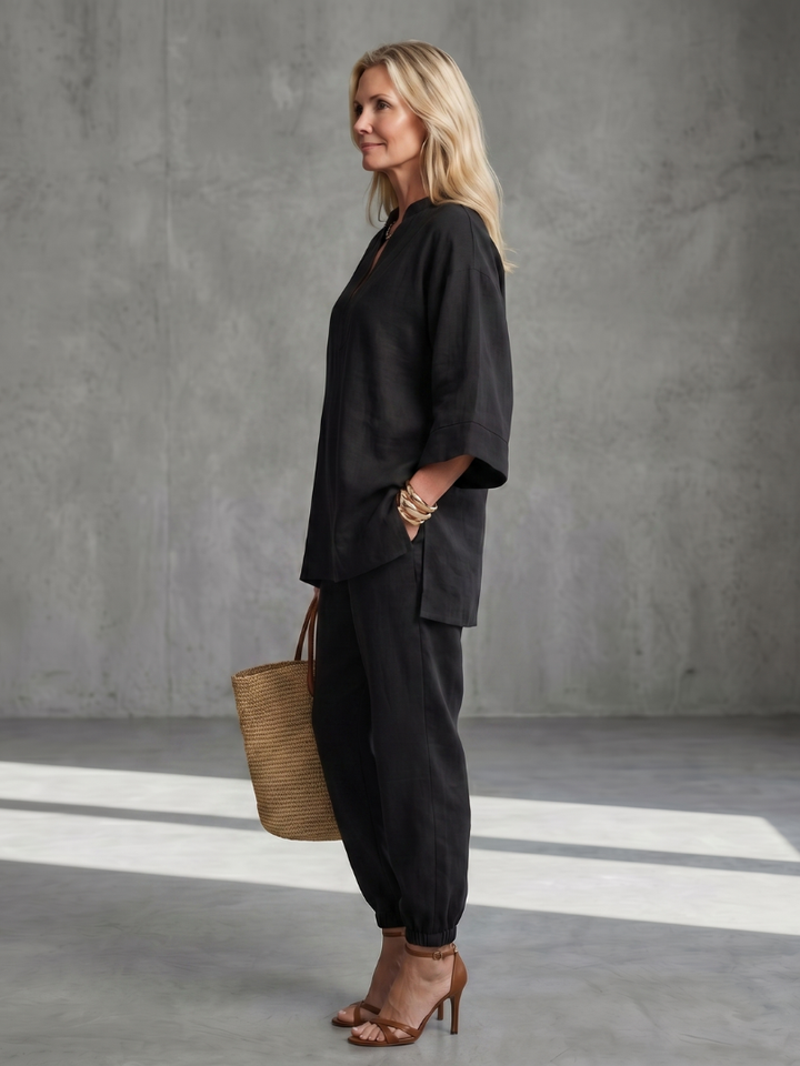 Women's V-neck tunic & gathered trouser set. A complete, relaxed fit casual summer outfit.