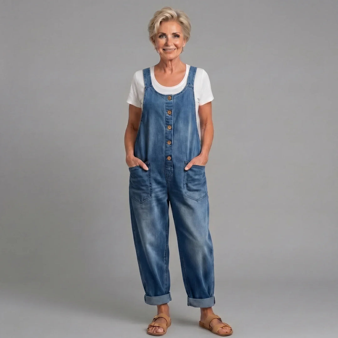 Women's relaxed wide leg bib overalls with button front, perfect for casual vintage style.