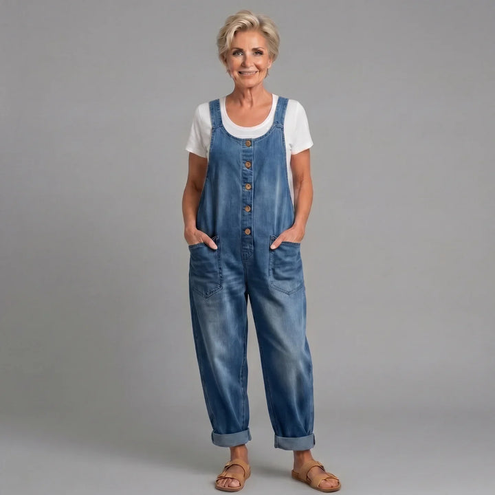Women's relaxed wide leg bib overalls with button front, perfect for casual vintage style.