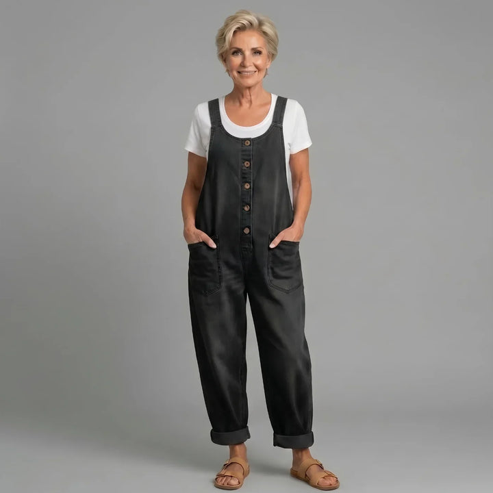 Comfortable women's wide leg bib overalls, relaxed fit and easy button front for spring/summer casual wear.