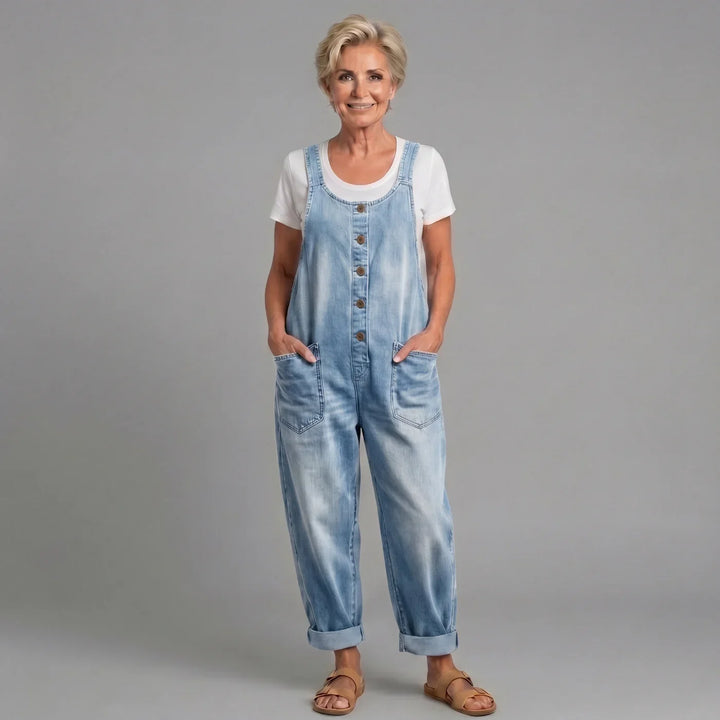 Stylish women's wide leg bib overalls with classic button front, offering a relaxed and vintage-inspired look.