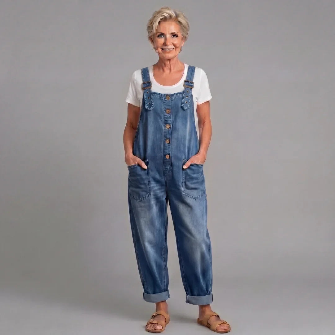 Woman in relaxed wide leg bib overalls & button front. Comfortable everyday casual wear for spring & summer.