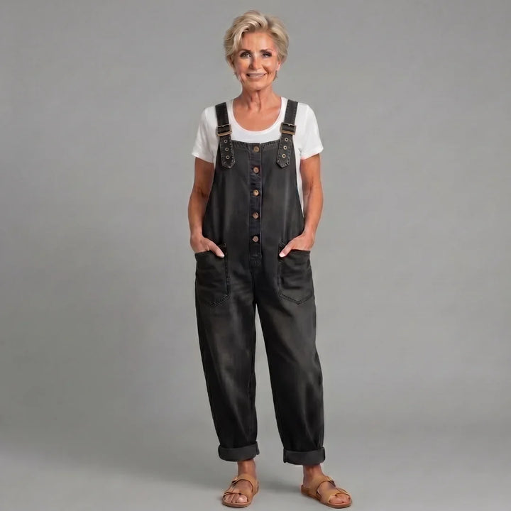 Versatile women's wide leg bib overalls; relaxed fit, button front. Ideal for casual spring & summer vintage outfits.