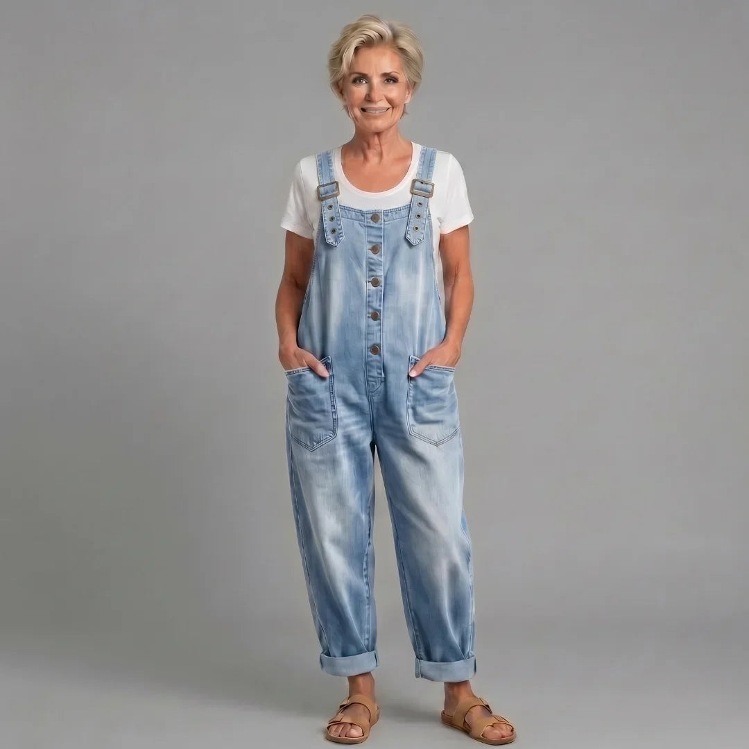 Durable & comfortable women's wide leg bib overalls, relaxed fit, button front detail. Perfect for casual everyday style.