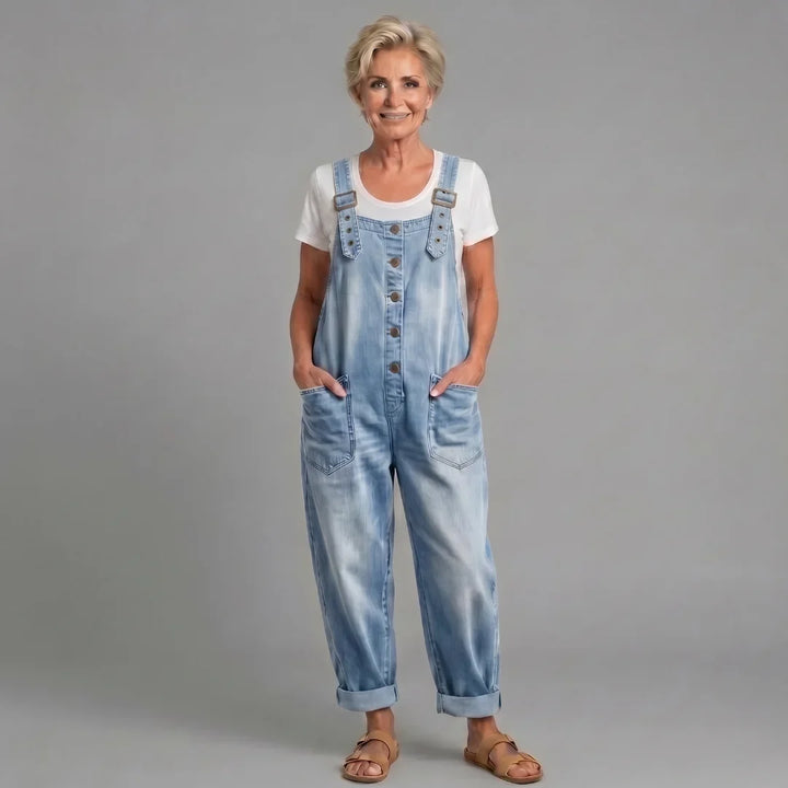 Durable & comfortable women's wide leg bib overalls, relaxed fit, button front detail. Perfect for casual everyday style.