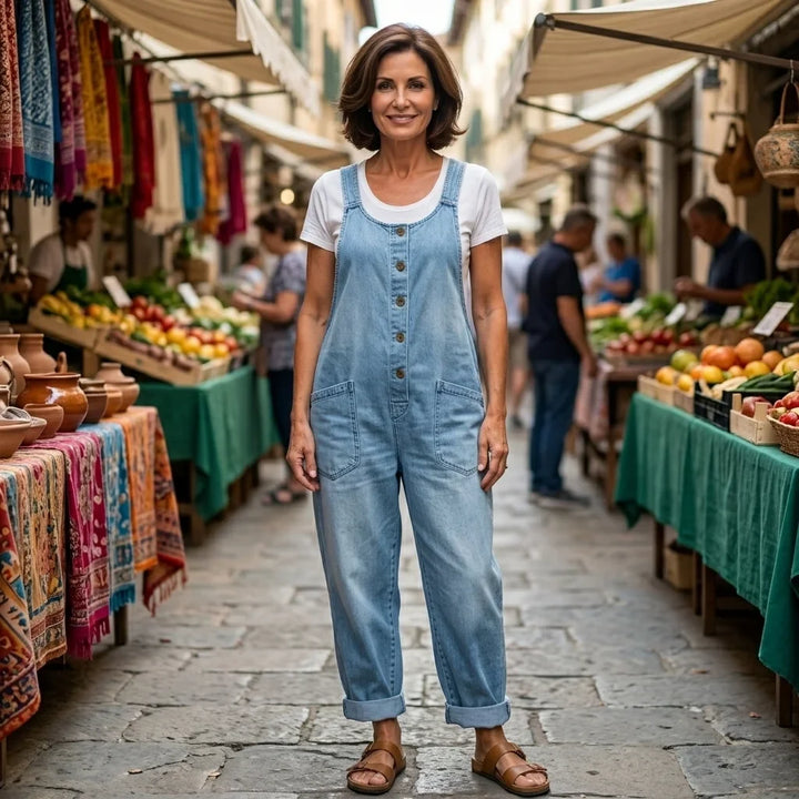 Front view: women's relaxed wide leg bib overalls, featuring button front, adjustable straps, & comfy fit.