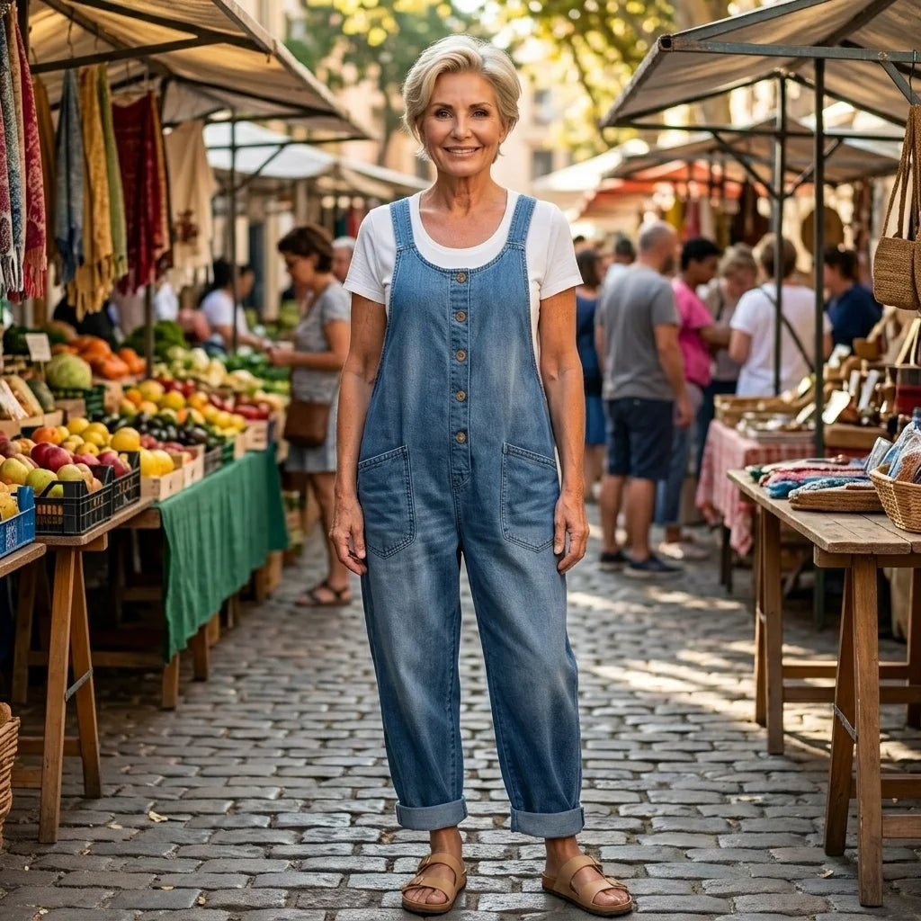 Women's relaxed wide leg bib overalls with button front, a comfy & stylish choice for casual vintage fashion.