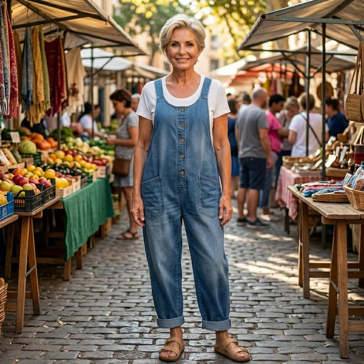 Women's relaxed wide leg bib overalls with button front, a comfy & stylish choice for casual vintage fashion.