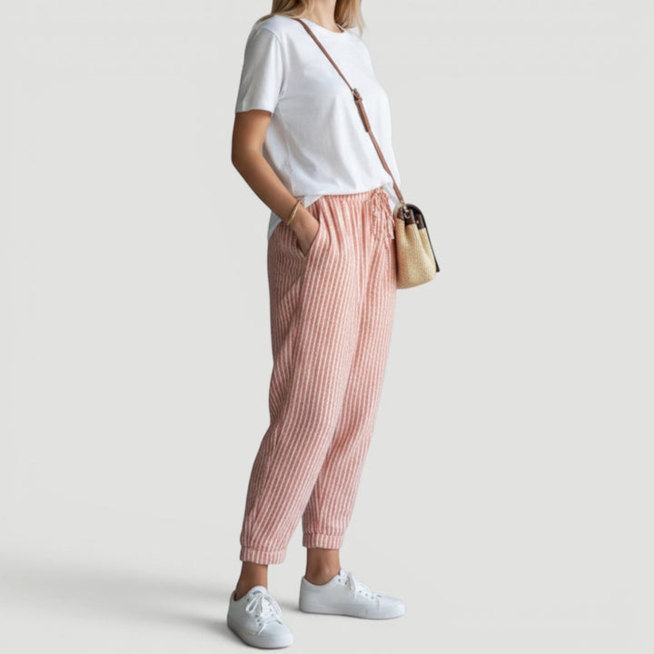 Striped wide-leg summer trousers for women, perfect lightweight vacation or holiday wear.