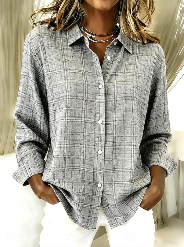 Oversized grey plaid button-up shirt for women, relaxed fit, versatile long sleeve top for casual daily wear.