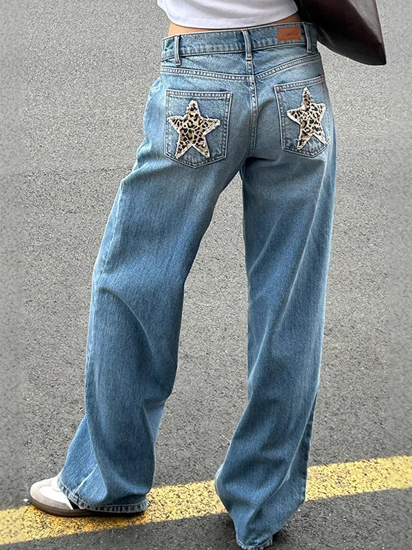 Women's retro boyfriend jeans featuring trendy leopard and star print, perfect for a casual fashion statement.