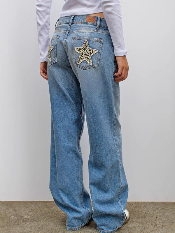 Fashionable women's retro boyfriend jeans in denim, adorned with eye-catching leopard and star prints.