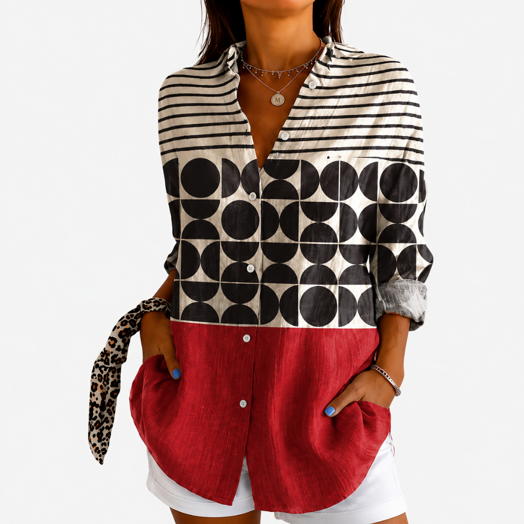 Women's retro charm colorblock blouse with geometric pattern, button-front, artistic & versatile for casual wear.