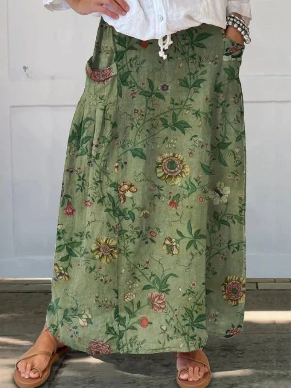 Women's retro floral print maxi skirt with elastic waist, patch pocket, ideal for boho chic summer casual wear.
