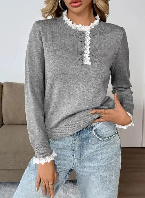 Women's retro grey long-sleeve knit sweater with an elegant lace mock-neck. Perfect for fall fashion.