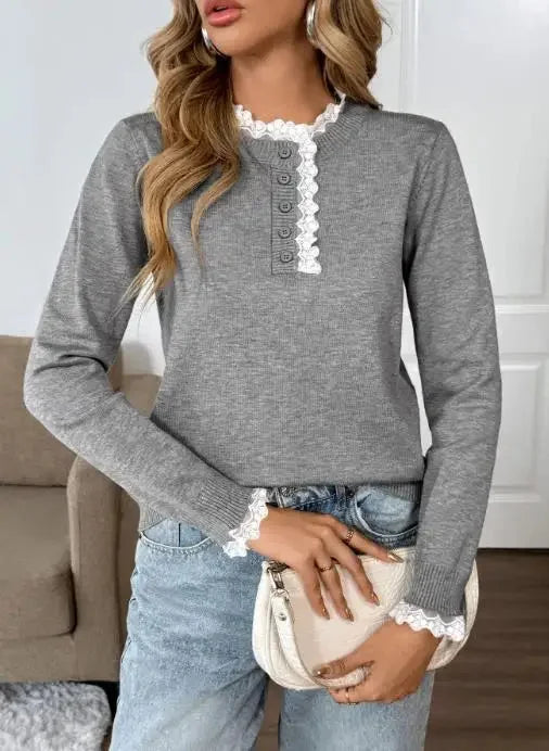 Elegant retro women's grey knit sweater with long sleeves & a delicate lace mock-neck. Offers cozy comfort.